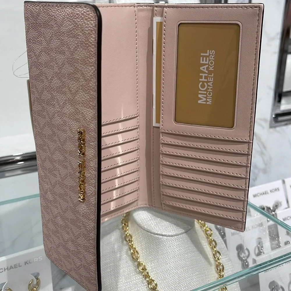 Michael Kors Jet Set Large Logo Trifold Wallet Powder Blush Multi NWT